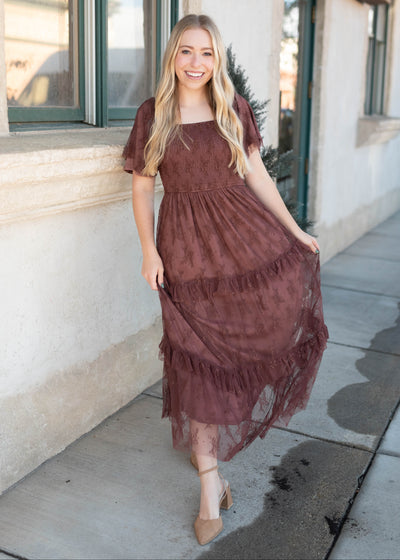 Katie Dark Mauve Floral Mesh Dress