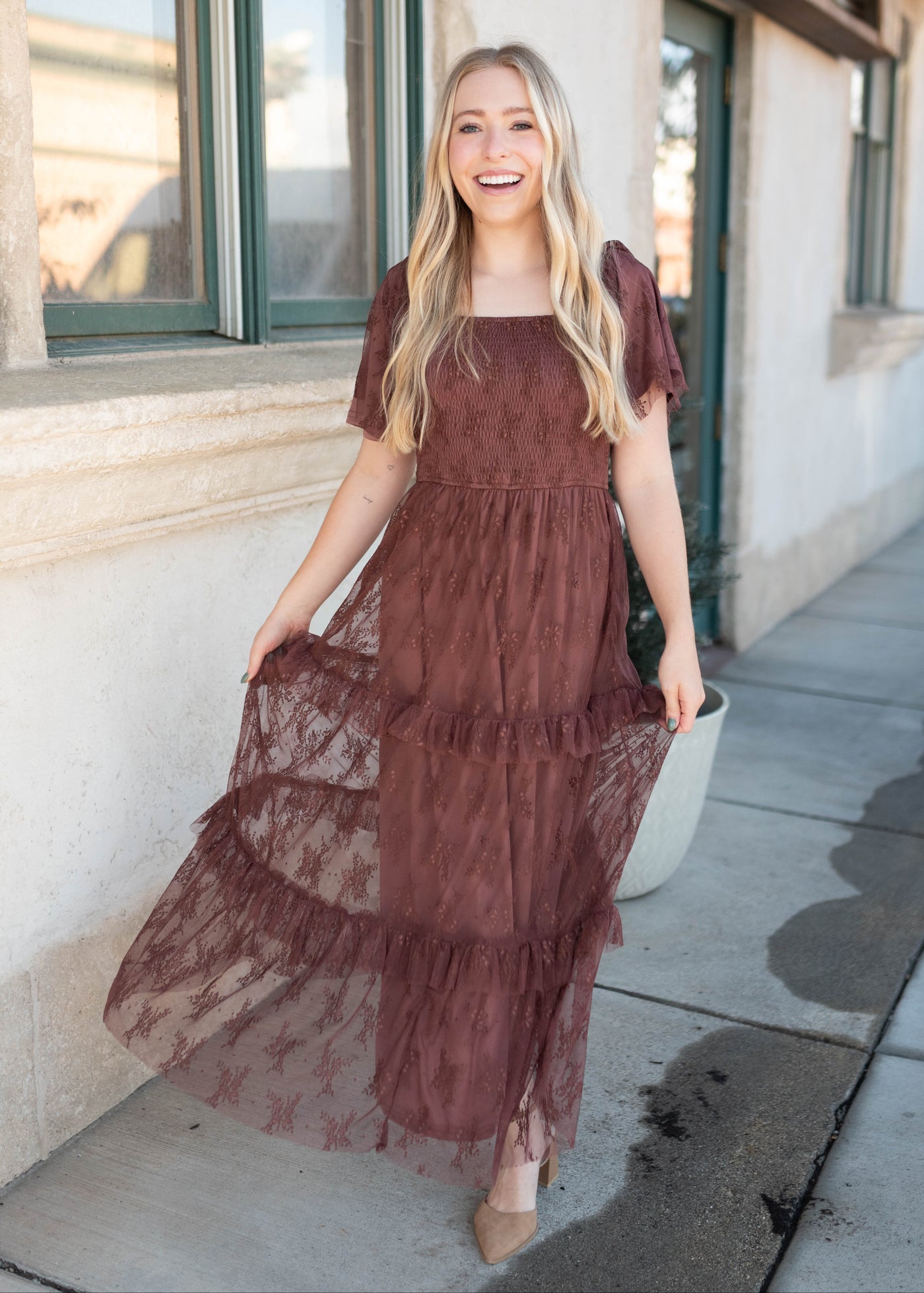 Katie Dark Mauve Floral Mesh Dress