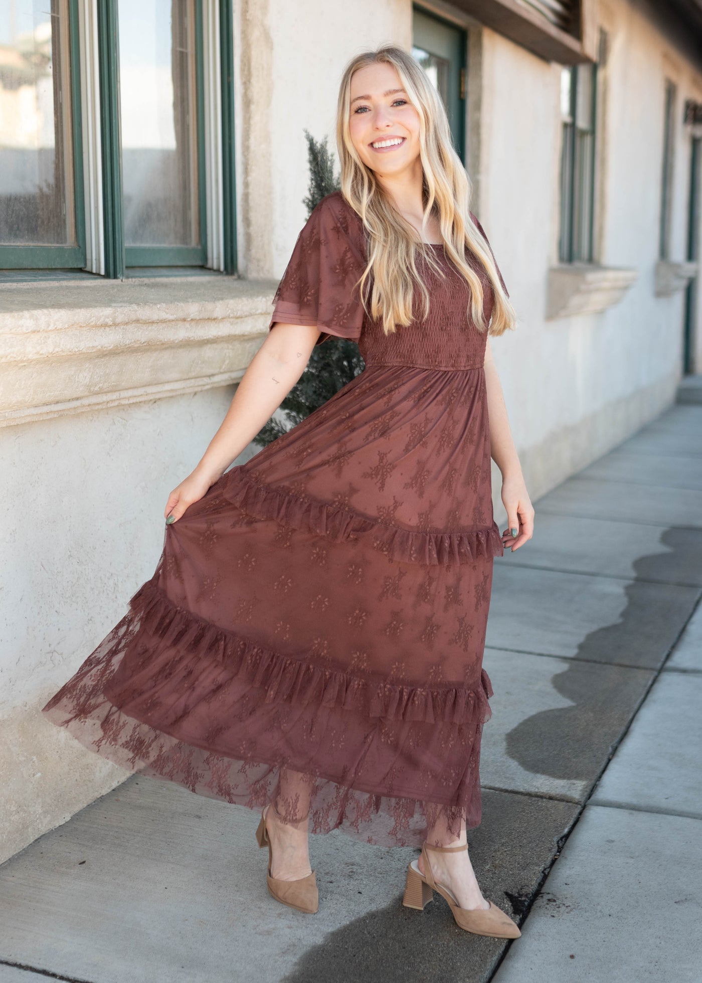Katie Dark Mauve Floral Mesh Dress
