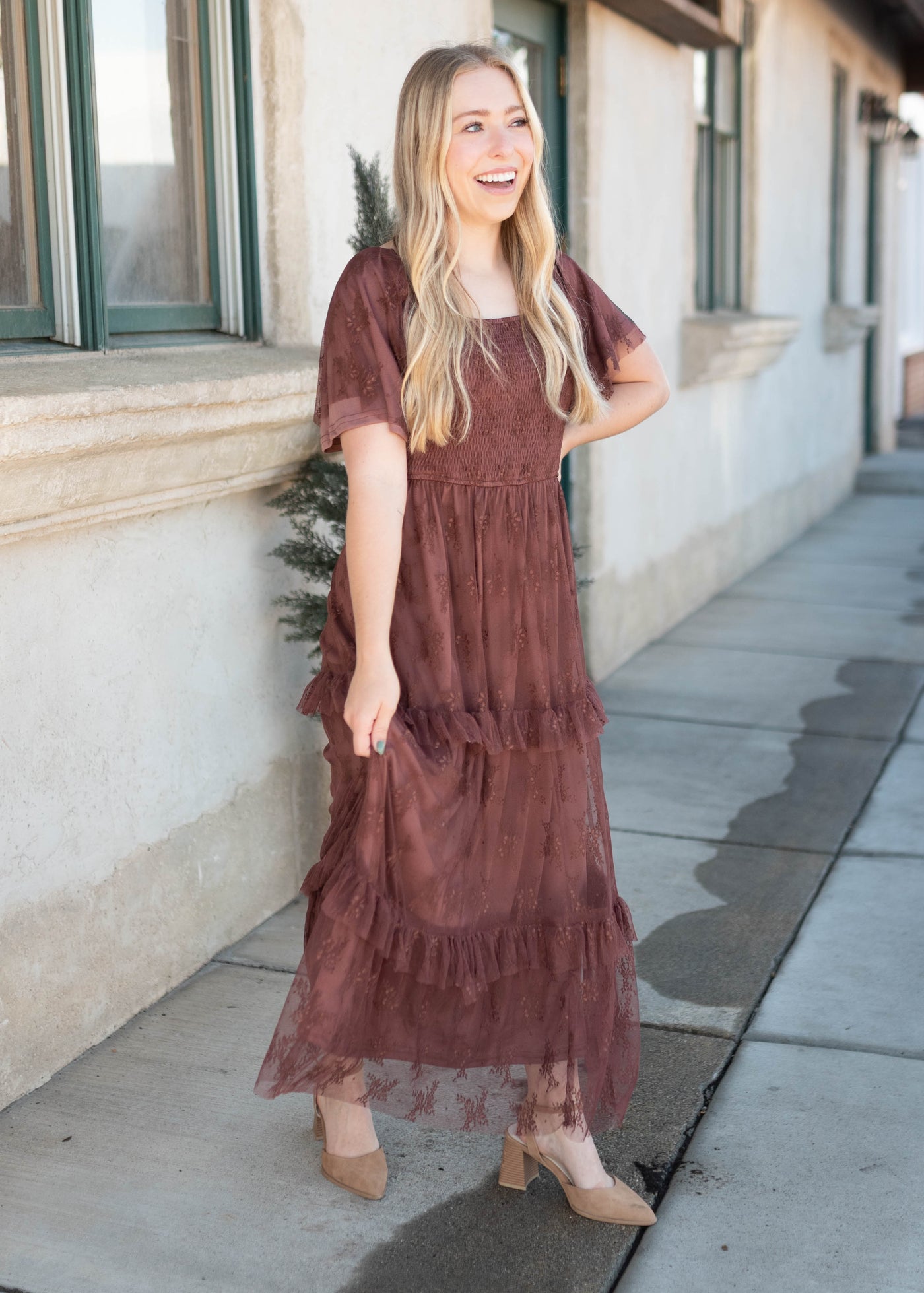Katie Dark Mauve Floral Mesh Dress