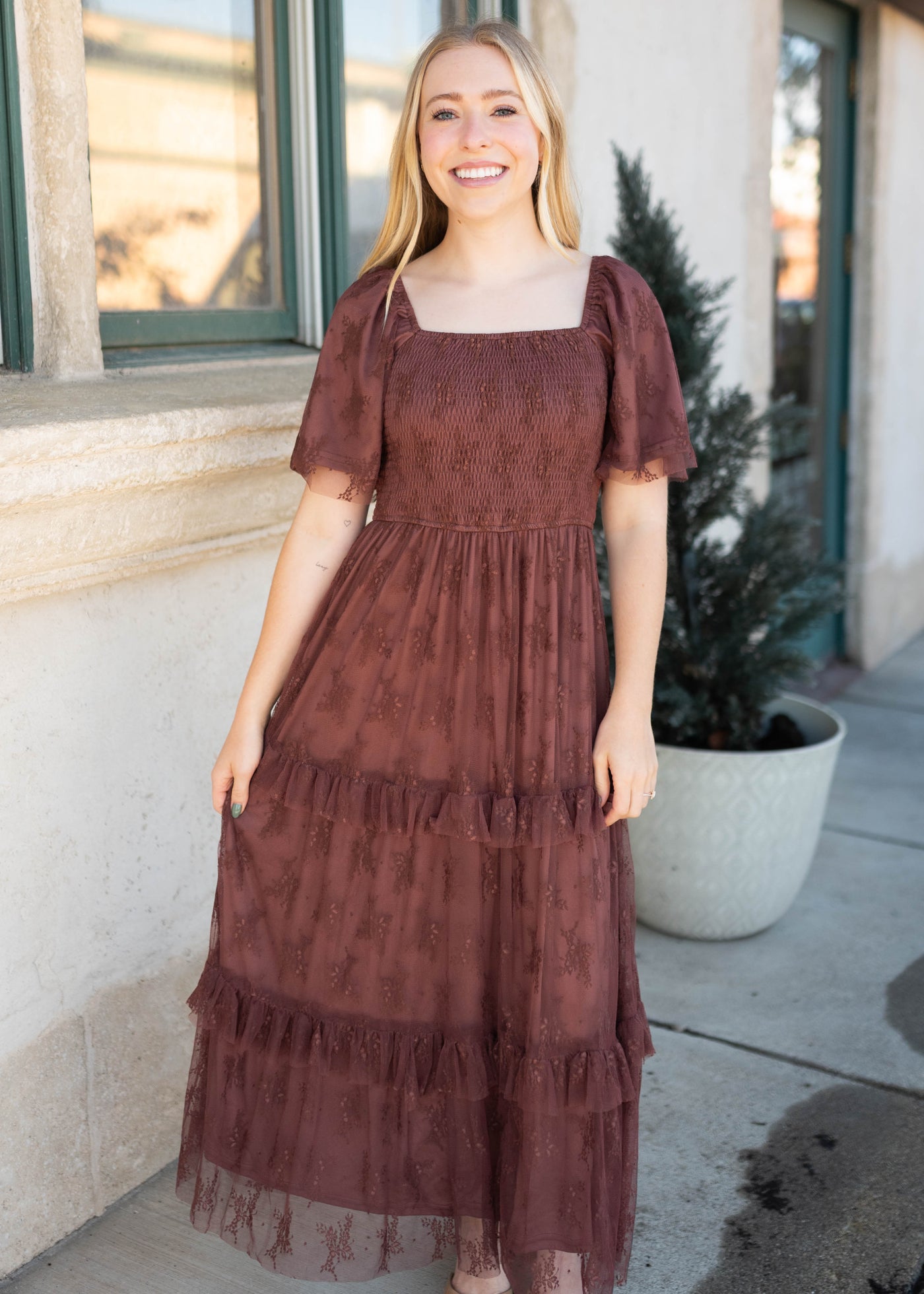 Katie Dark Mauve Floral Mesh Dress