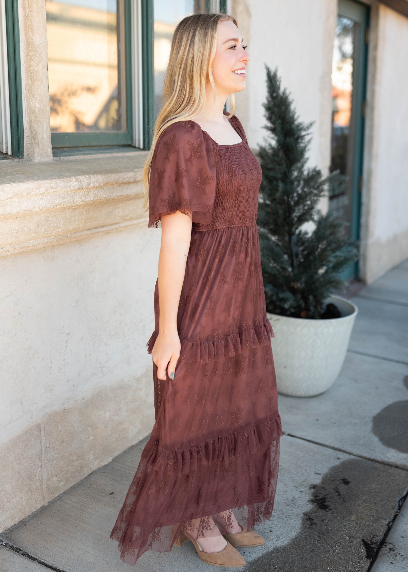 Katie Dark Mauve Floral Mesh Dress