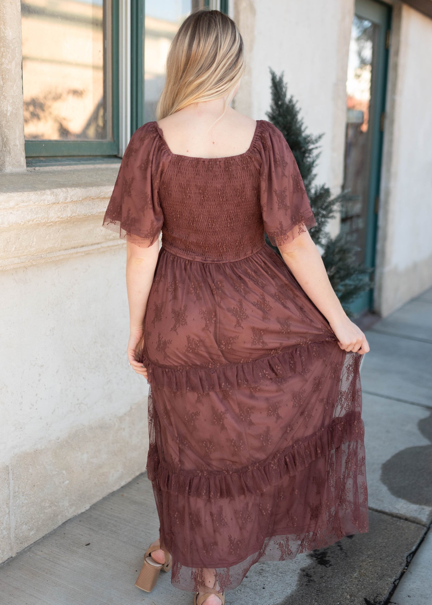 Katie Dark Mauve Floral Mesh Dress