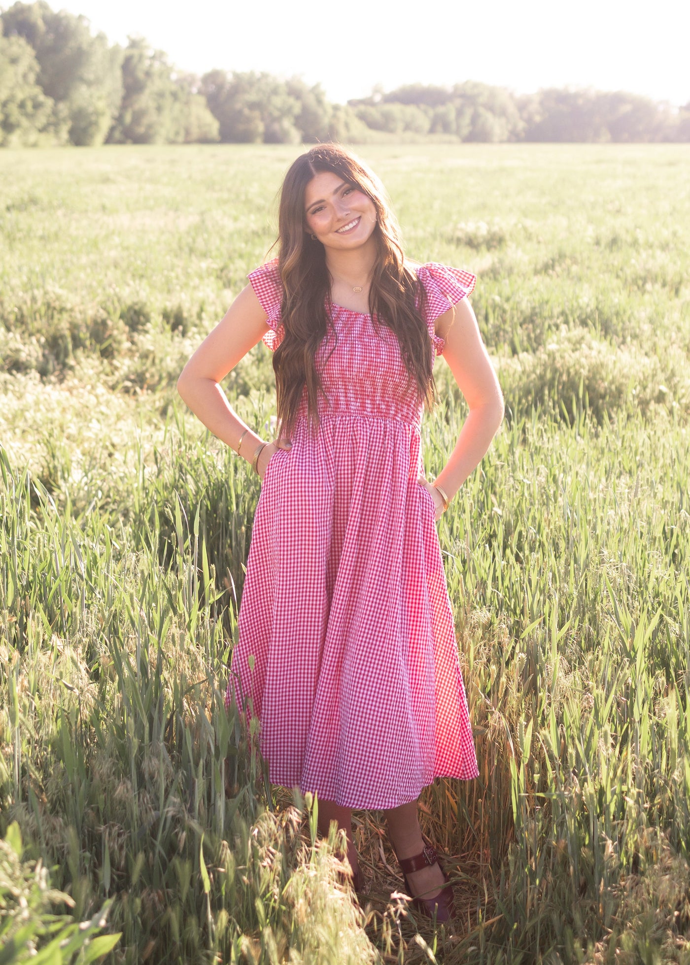 red gingham smocked dress Red Gingham Smocked Midi Dress | Womens | Small | Cotton/Polyester/Spandex