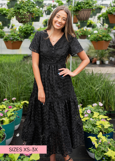 Black floral lace dress with tiered skirt