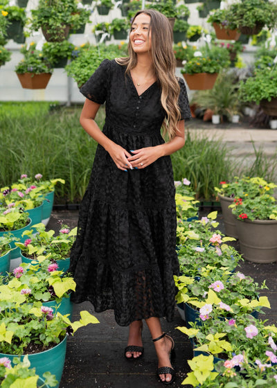 Black floral lace dress with v-neck