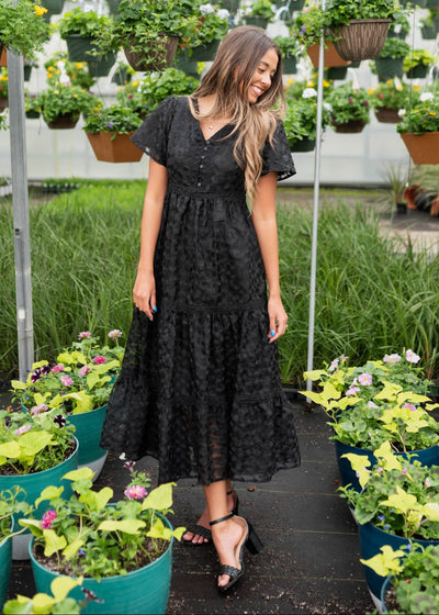 Short sleeve black floral lace dress