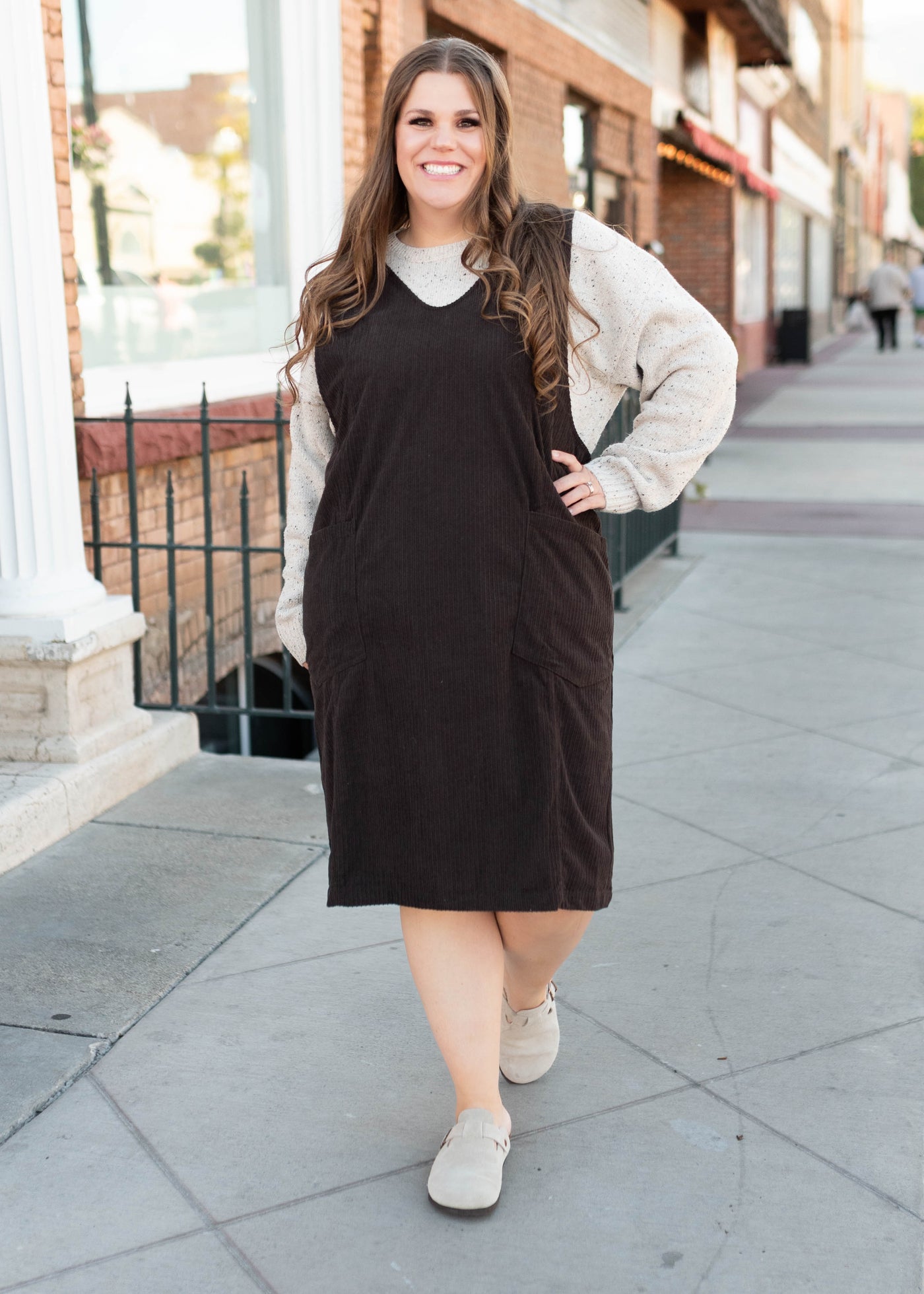 Plus size below the knee brown corduroy overall dress