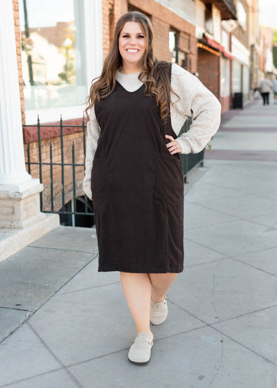 Plus size below the knee brown corduroy overall dress