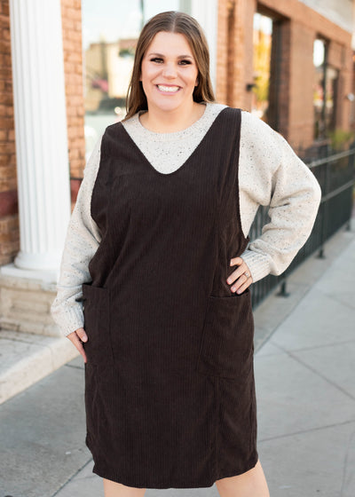 Plus size brown corduroy overall dress with side pockets