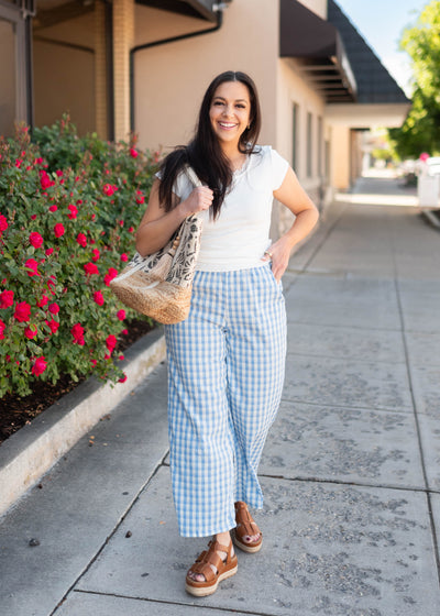Kayla Blue Gingham Straight-Leg Pants - Elastic Waist, Textured