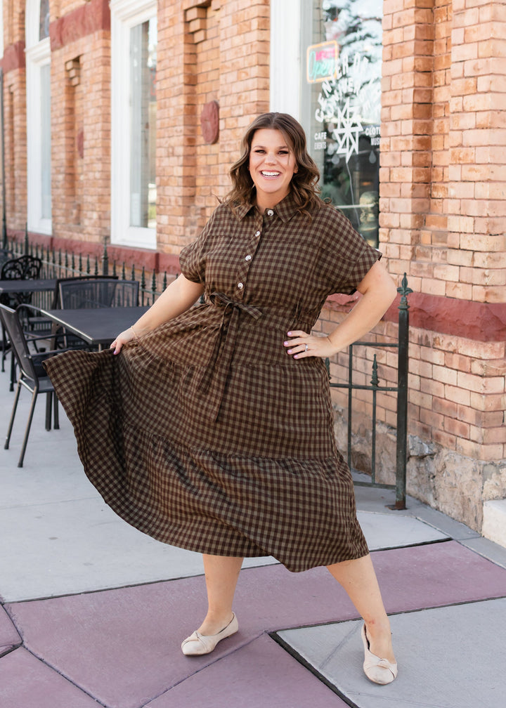 Kaylee Brown Plaid Collared Midi Dress