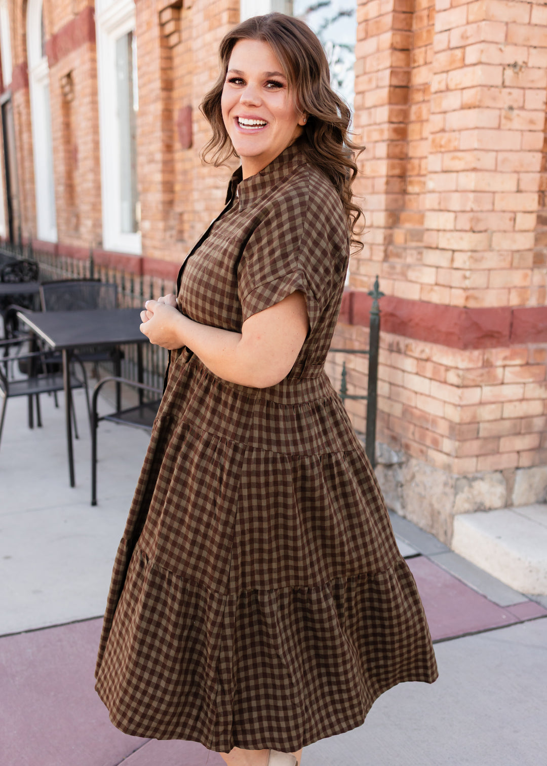 brown collared dress Kaylee Plaid Midi Naeris Timeless One Shoulder GShopping Sweet breeze front fitted bodice that Color:Dusty_Rose