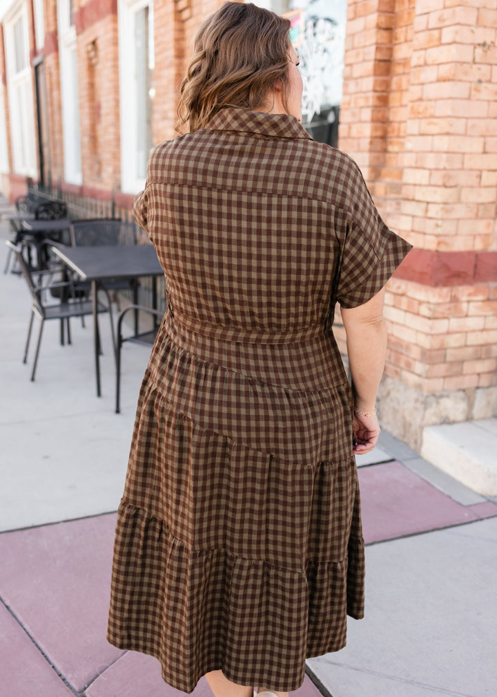 brown plaid fall dress Kaylee Collared Midi style dress
