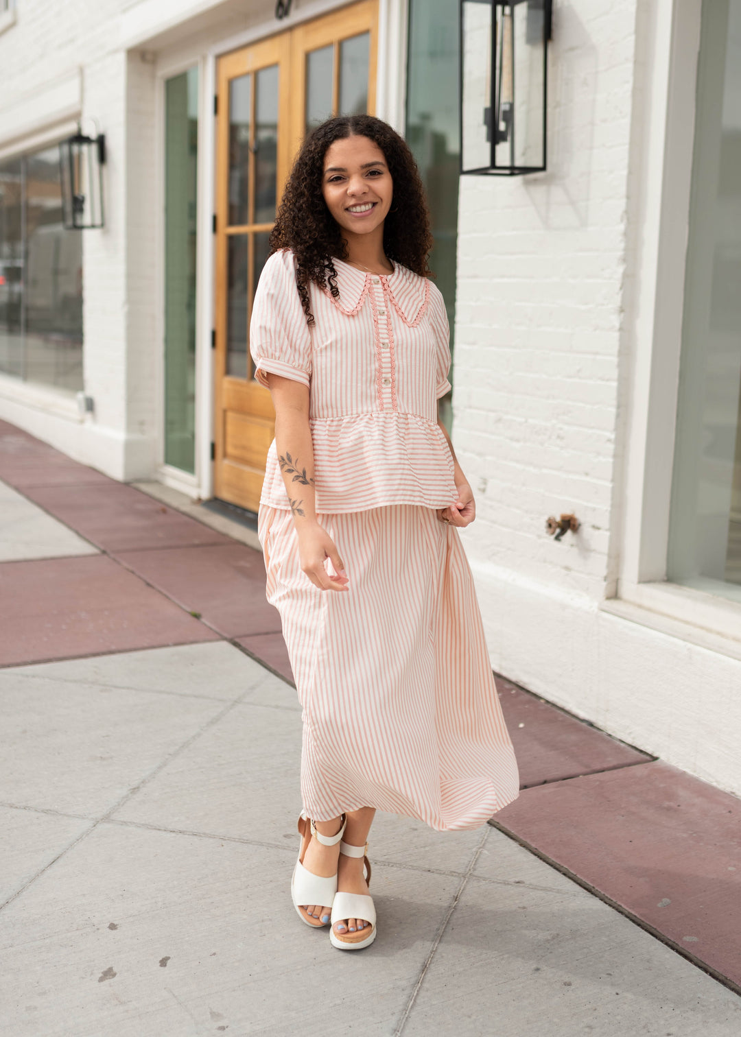 Kendra Pink Striped Midi Skirt - Striped Midi Skirt | Lena Layne