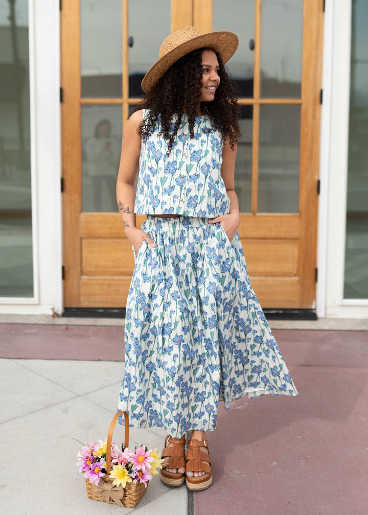 Kenna Blue Floral Midi Skirt - Floral Midi Skirt | Lena Layne