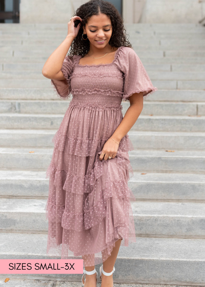 Dusty rose dress with ruffles on skirt and bodice