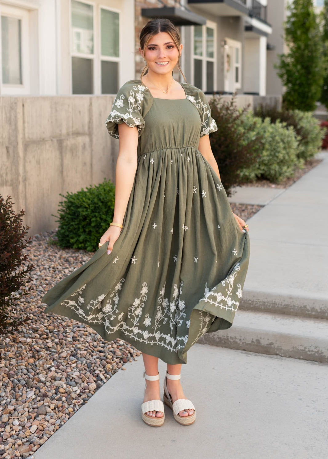 Forest green embroidered dress with a square neck