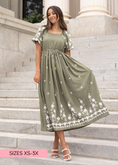Short sleeve olive embroidered dress with short sleeves