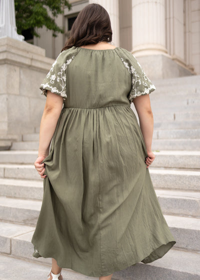 Back view of the plus size olive embroidered dress by Lena Lou