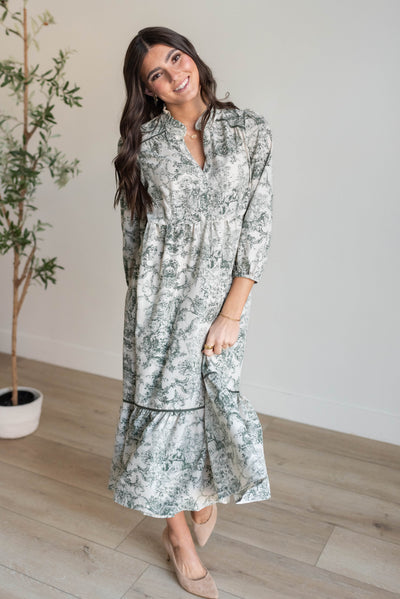 Forest green print dress with green trim