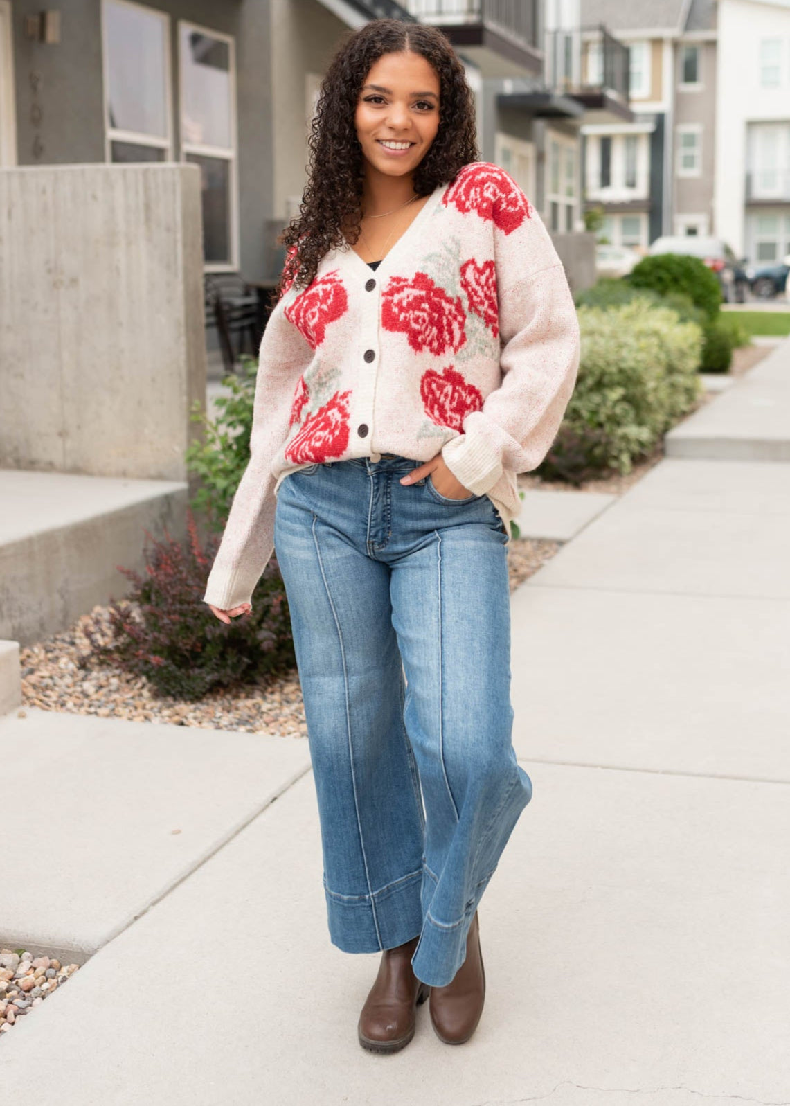 Oatmeal red floral cardigan with drop sleeve