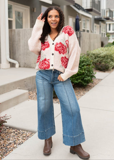 Button up red floral cardgian with long sleeves