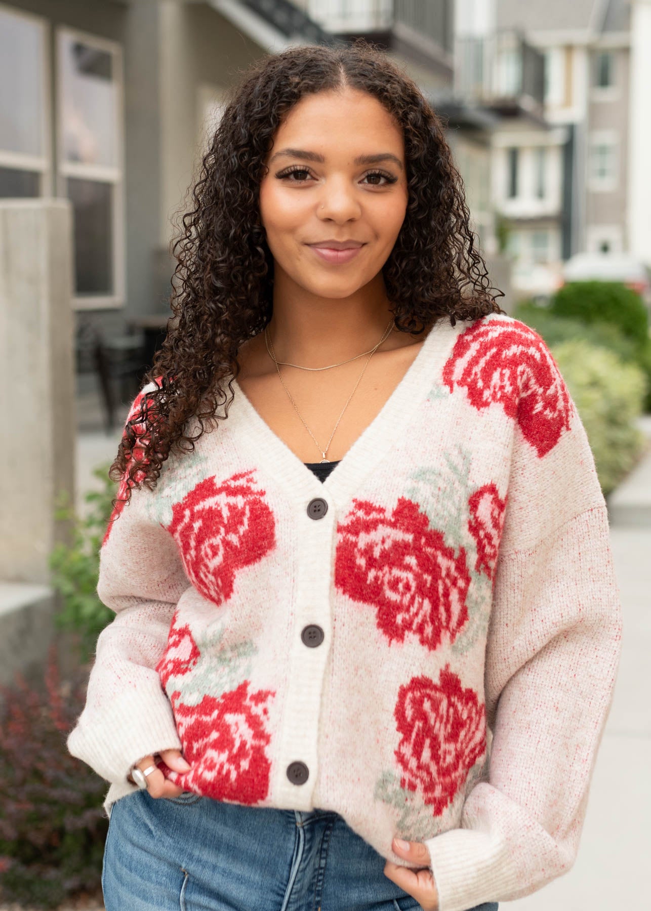 Long sleeve red floral cardigan sold at Lena Layne