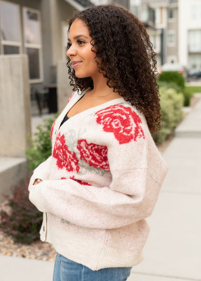Side view of the red floral cardigan