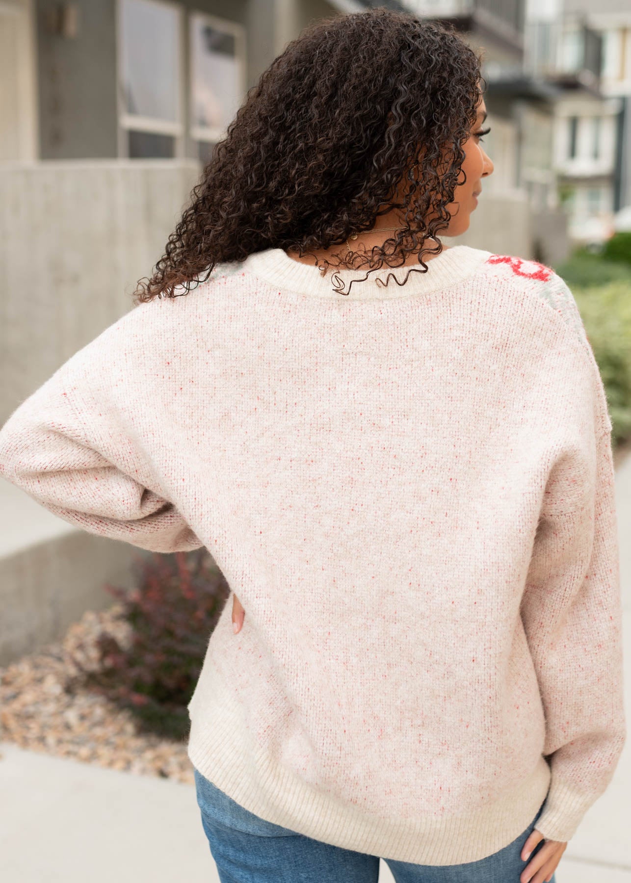 Back view of the red floral cardigan
