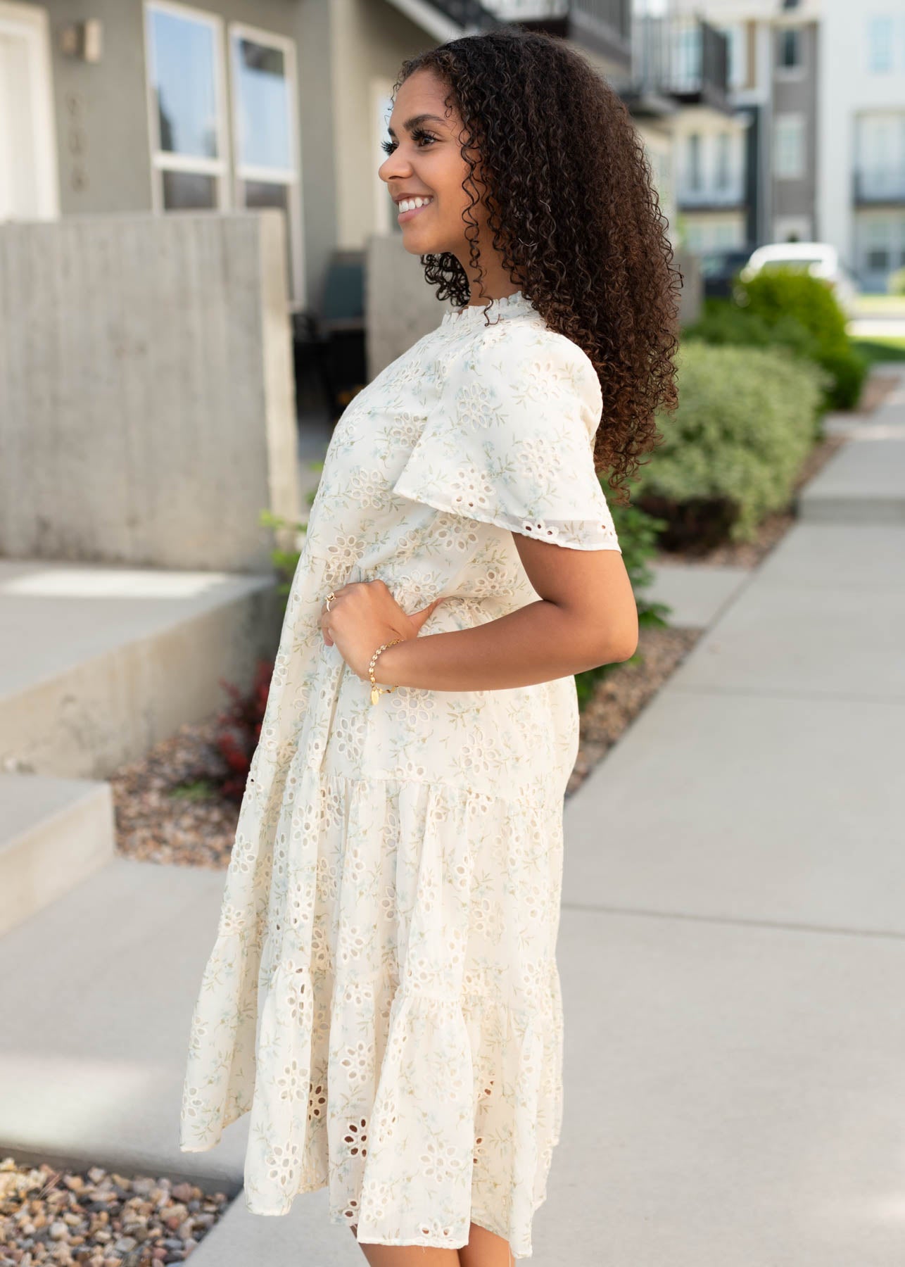 Side view of the cream floral dress