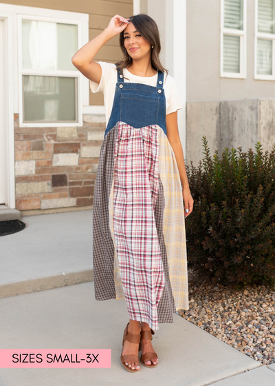Modest denim patchwork overall dress