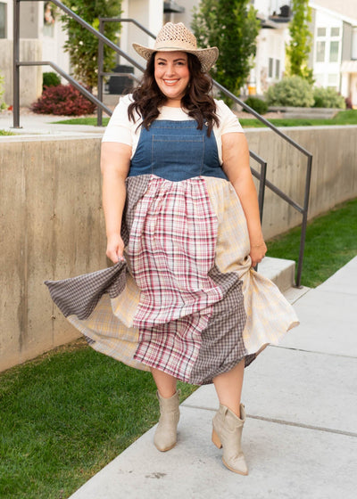 Maxi style plus size denim patchwork plaid overall dress