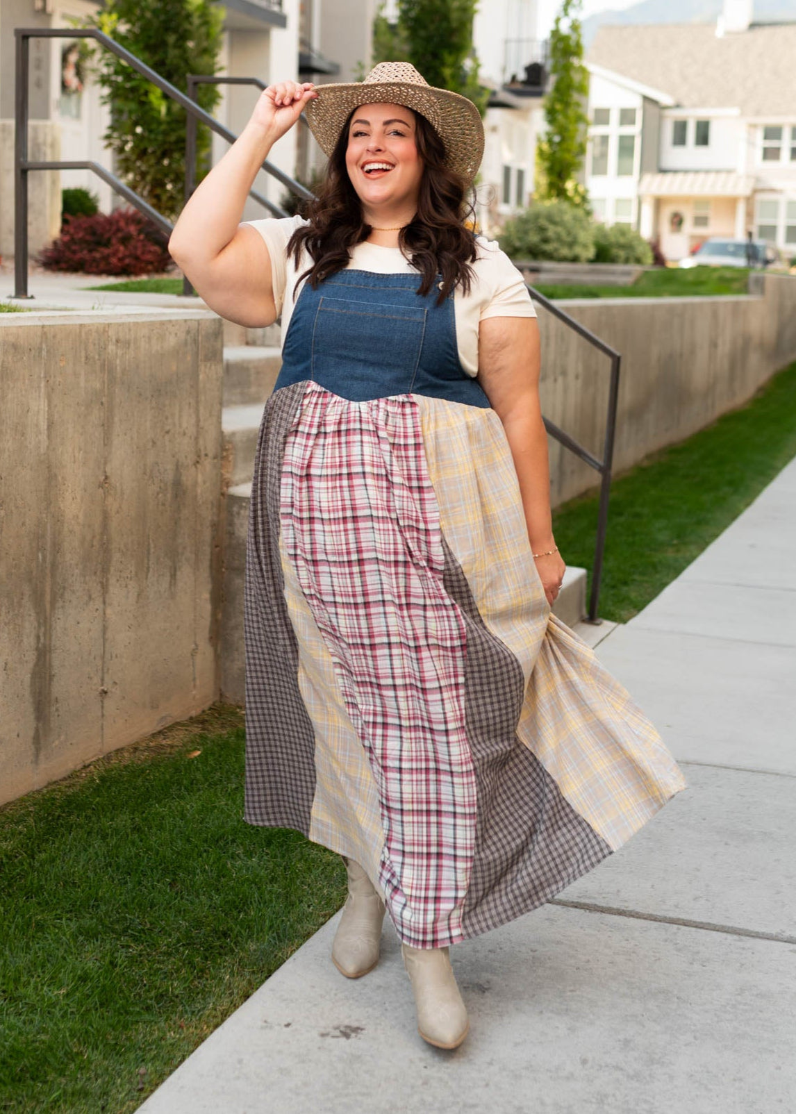 1x to 3x plus size denim patchwork plaid overall dress