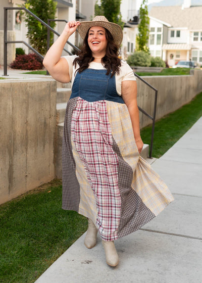 1x to 3x plus size denim patchwork plaid overall dress