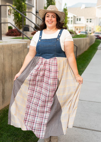 Plus size modest denim patchwork plaid overall dress at Lena Layne