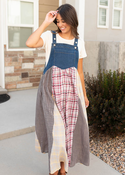 Modest denim patchwork plaid overall dress with front pocket