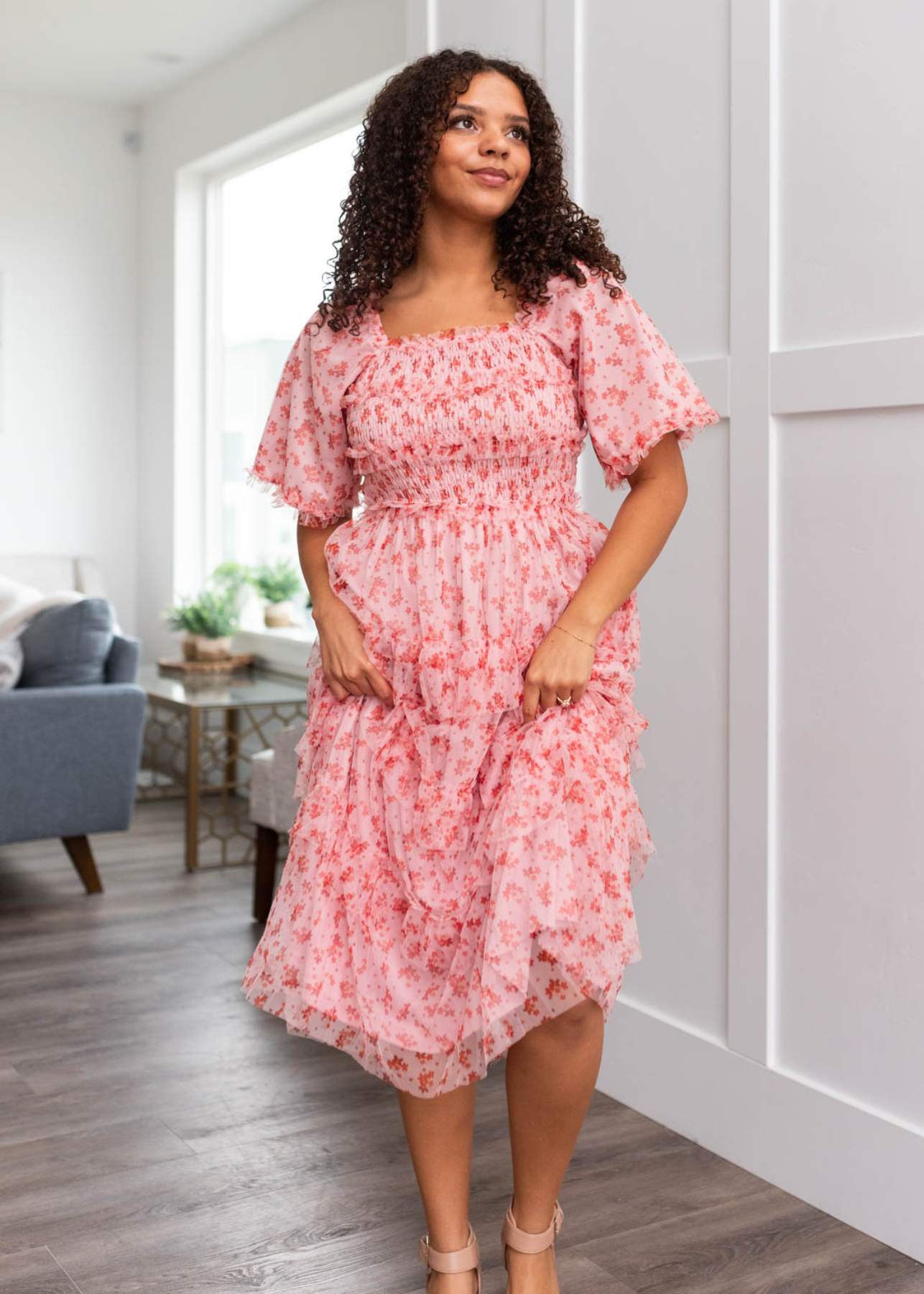 Pink mesh tiered dress with short sleeves