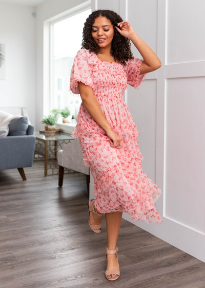 Short sleeve pink mesh tiered dress