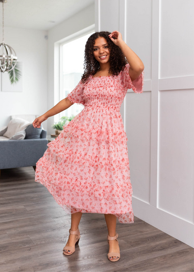 Pink mesh tiered dress