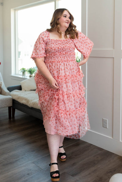 Short sleeve pink mesh tiered dress with ruffles on the tiered skirt