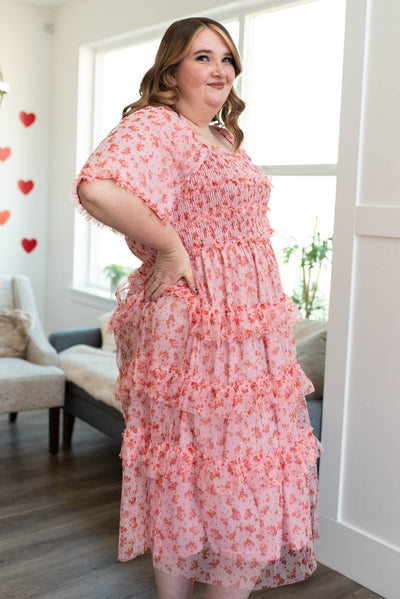 Side view of the pink mesh tiered dress