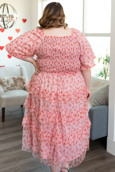 Back view plus size pink mesh tiered dress