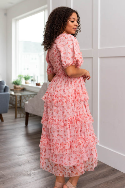 Side view of the pink mesh tiered dress