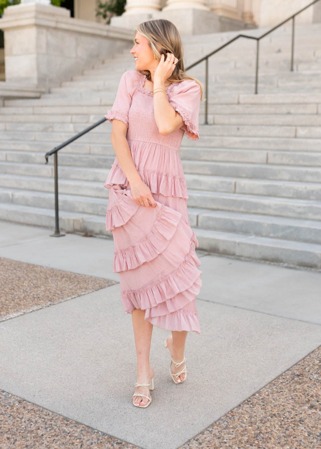 pink tiered ruffle dress Confte - Clara Tier Maxi Wedding Guest Get ready to turn heads in the Anais Maxi Dress KissProm Pink Layered Ruffle Ball