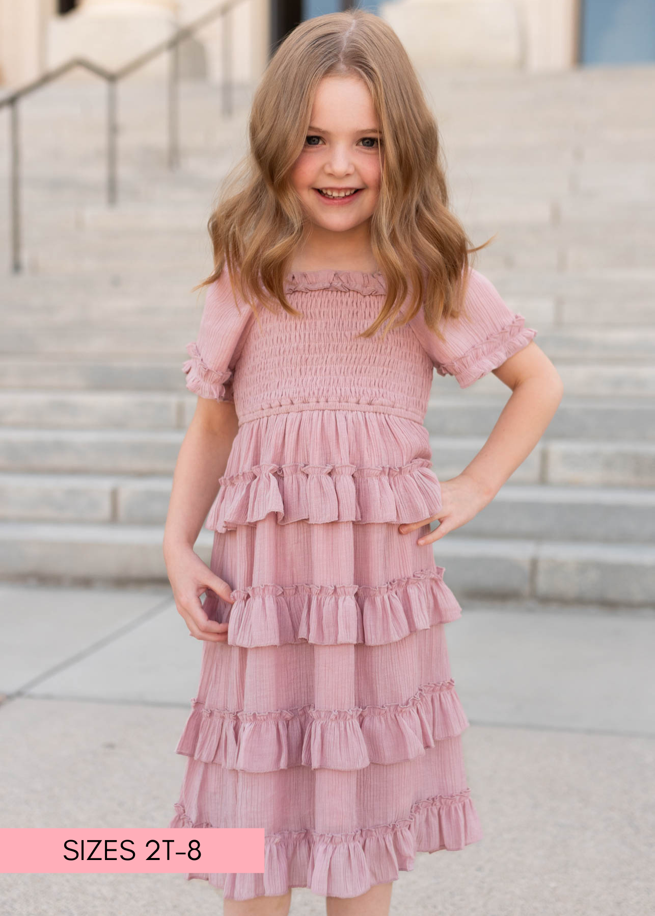 Square neck dusty rose ruffle tiered little girl dress