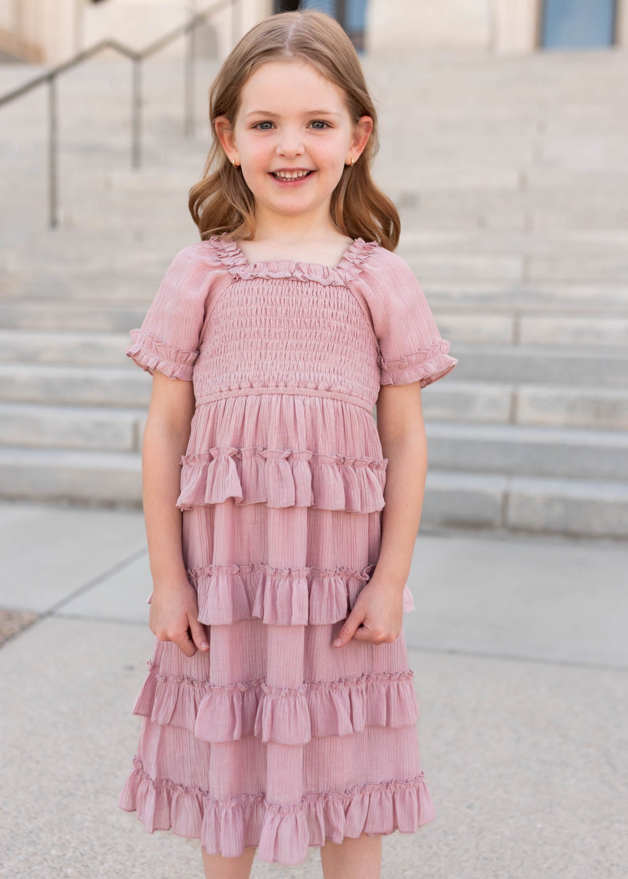 Short sleeve dusty rose ruffle tiered little girl dress