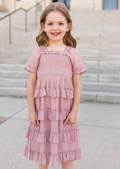 Short sleeve dusty rose ruffle tiered little girl dress