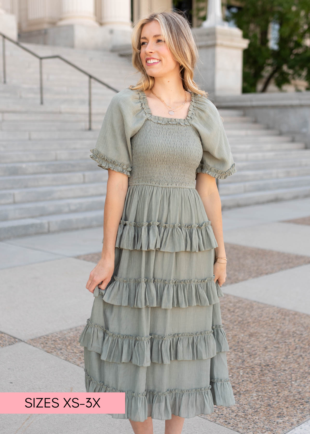 Short sleeve sage ruffle tiered dress