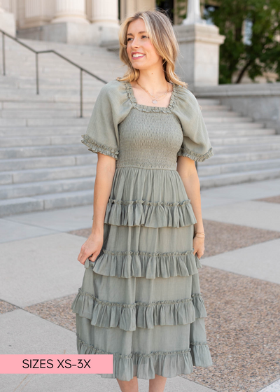 Short sleeve sage ruffle tiered dress